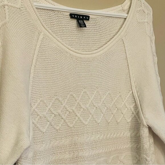 Tribal Ivory Cable Knit Scoop Neck Tunic 100% Cotton Sweater - Picture 3 of 14